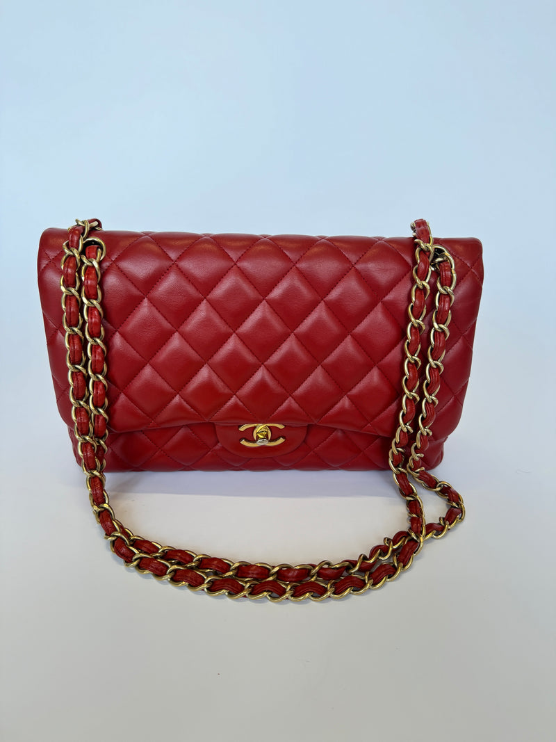 Chanel Jumbo Classic In Red Lambskin GHW