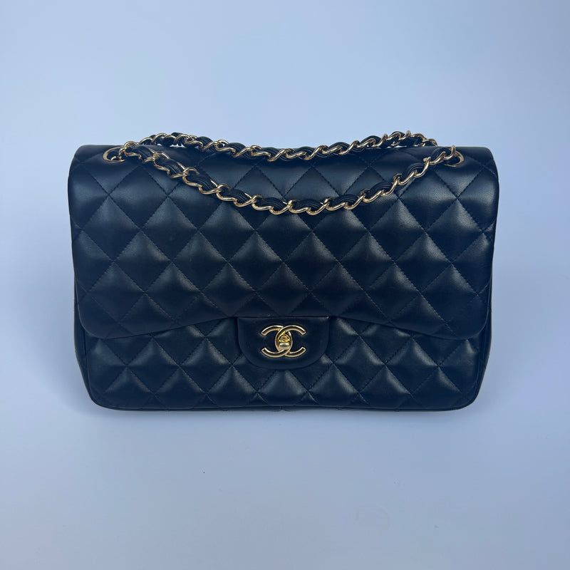 Chanel Black Lambskin Leather Jumbo Classic Double Flap GHW