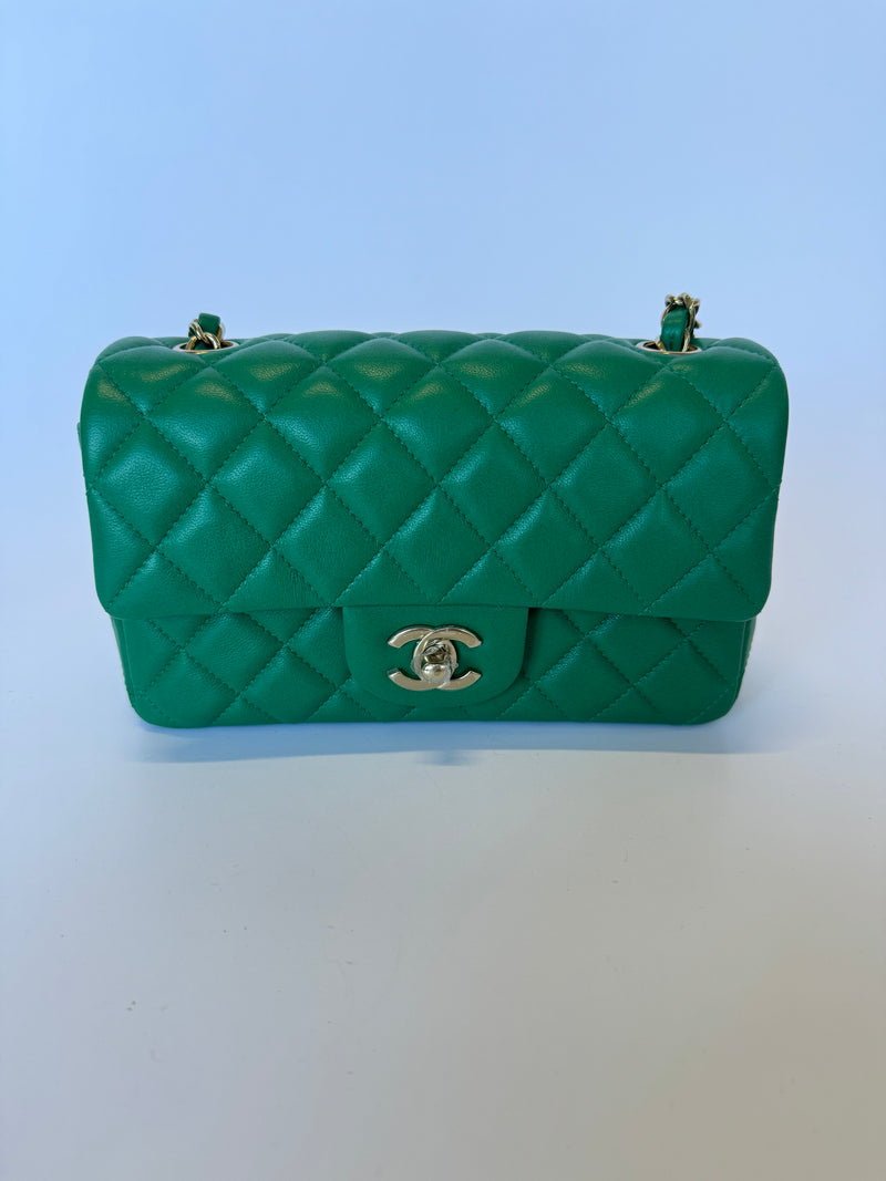 Chanel Mini Rectangle Flap Bag In Green Lambskin PGHW