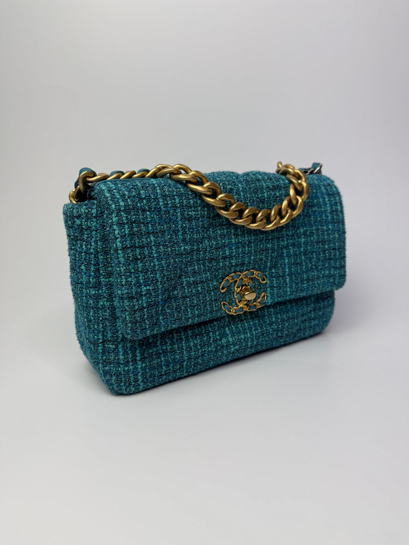 Chanel 19 Small Green Tweed Flap Bag