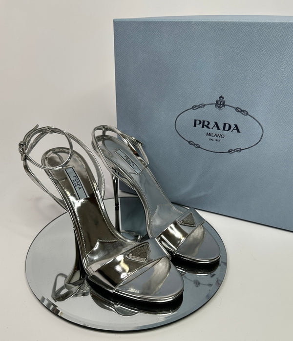 Prada Metallic Logo Plaque Sandal Heels (Size 38/UK5)