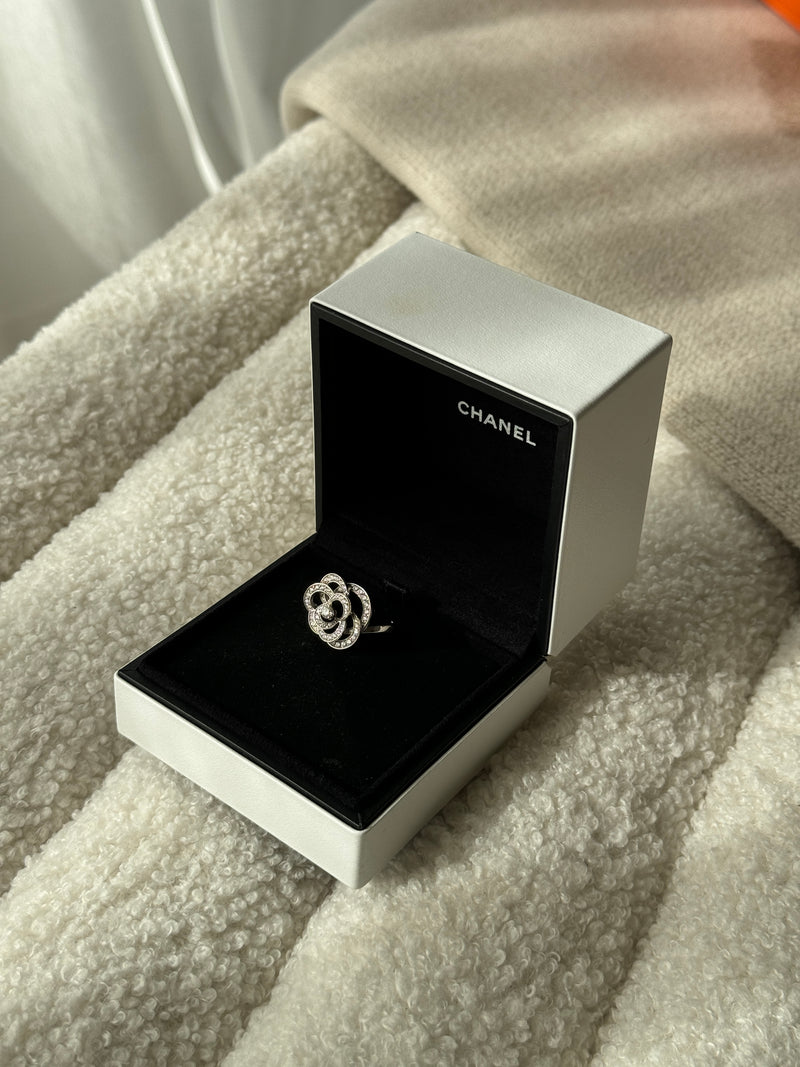 chanel white gold and diamond camelia ring