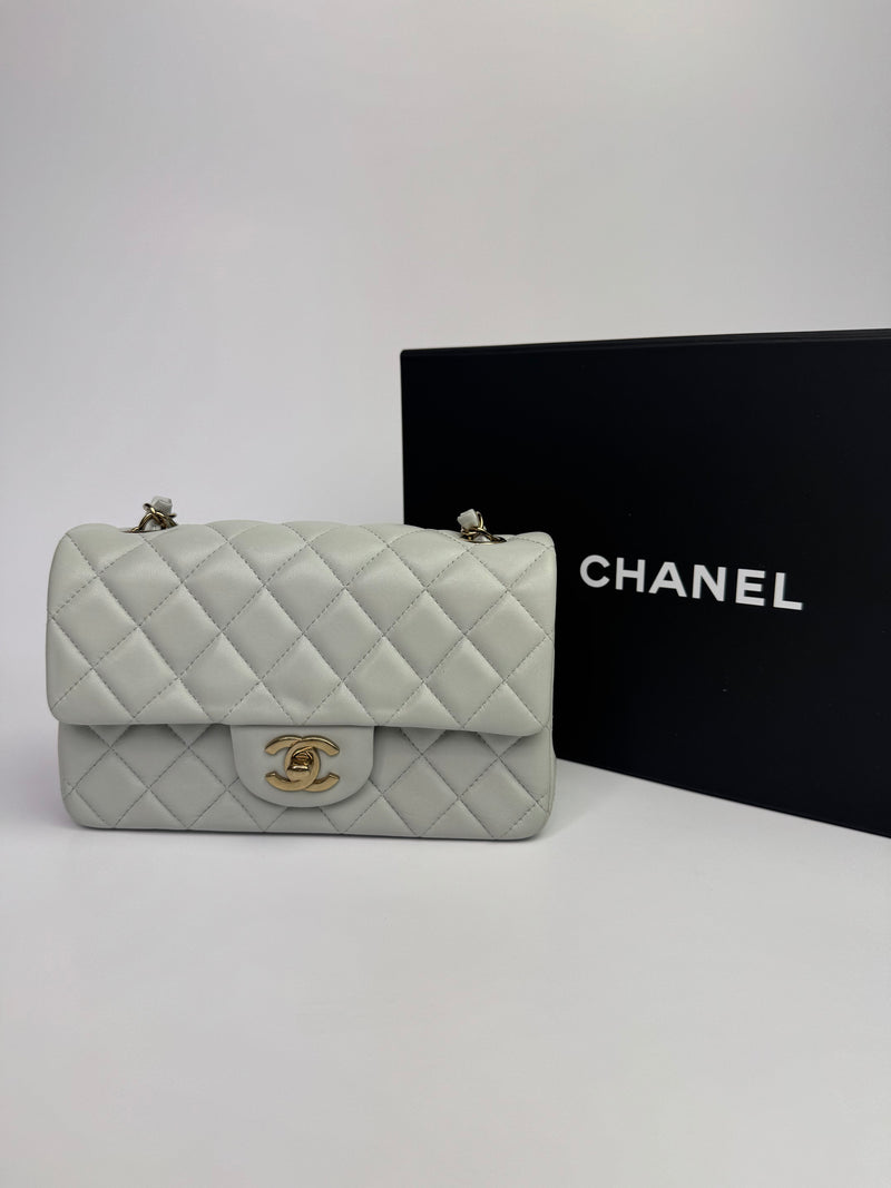 Chanel Mini Rectangle In Light Grey Lambskin With PGHW