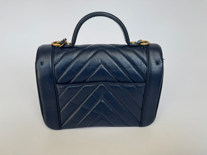 Chanel Top Handle Flap Bag In Navy Crumpled Calfskin