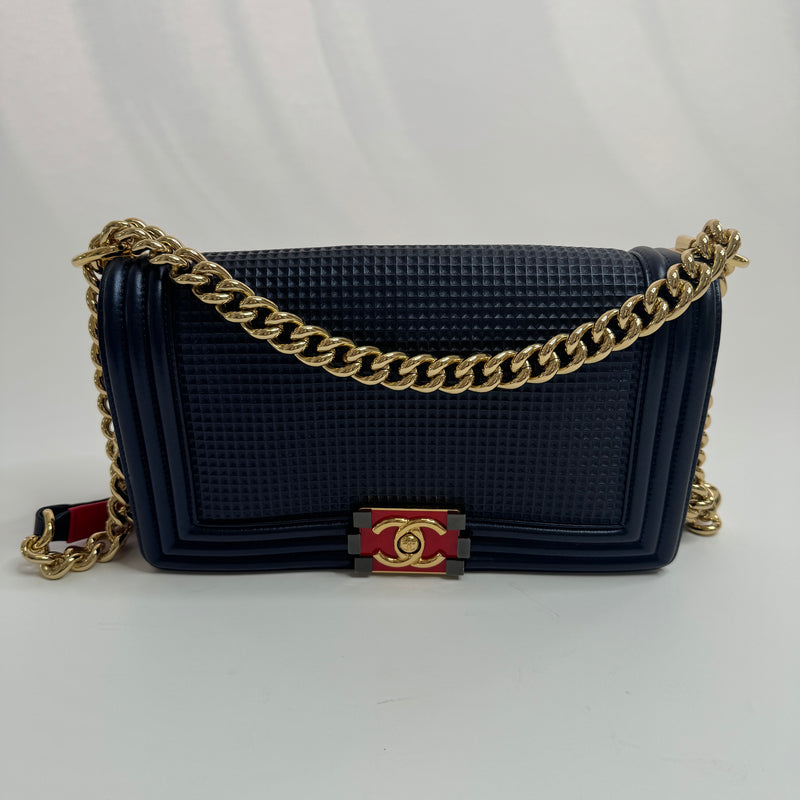 Chanel Medium Navy Embossed Lambskin Boy Bag